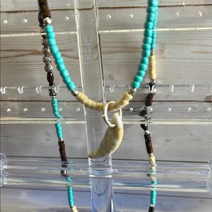 Turquoise and Brown Beaded Necklace with Horn Pendant
